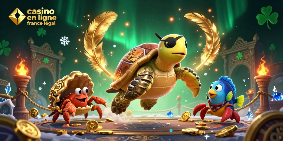 Illustration de casino en ligne France légal avec une tortue pirate et un crabe, révélant un monde de jeux captivants