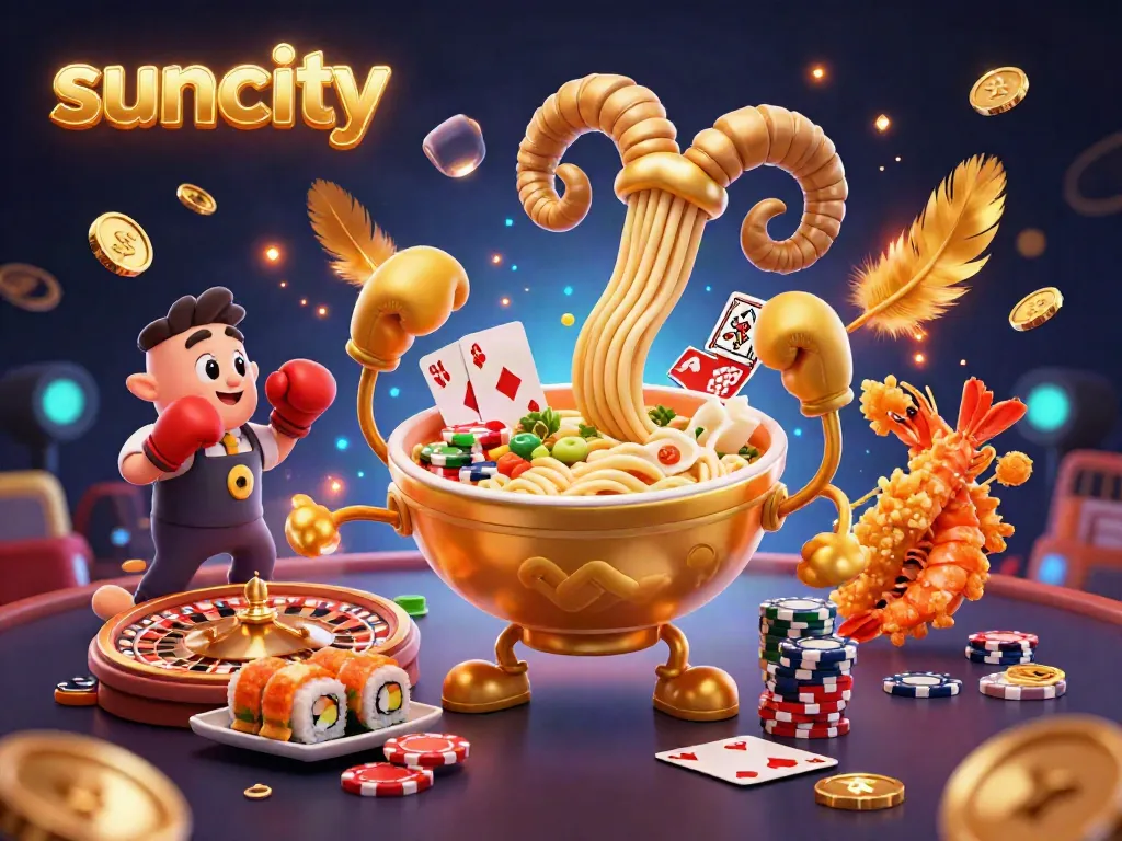 Experience festive gaming at suncity with a lively illustration of cartoon characters dealing cards at a casino.