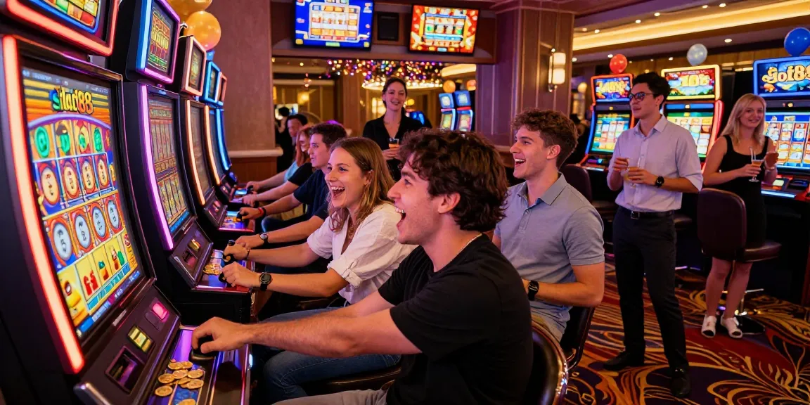 Excited group enjoying slot88 gaming experience in vibrant casino atmosphere with colorful lights.
