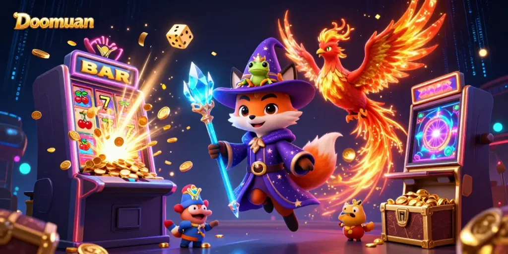 Doomuan slot fantasy illustration featuring a wizard fox and companion phoenix amidst dynamic casino elements.