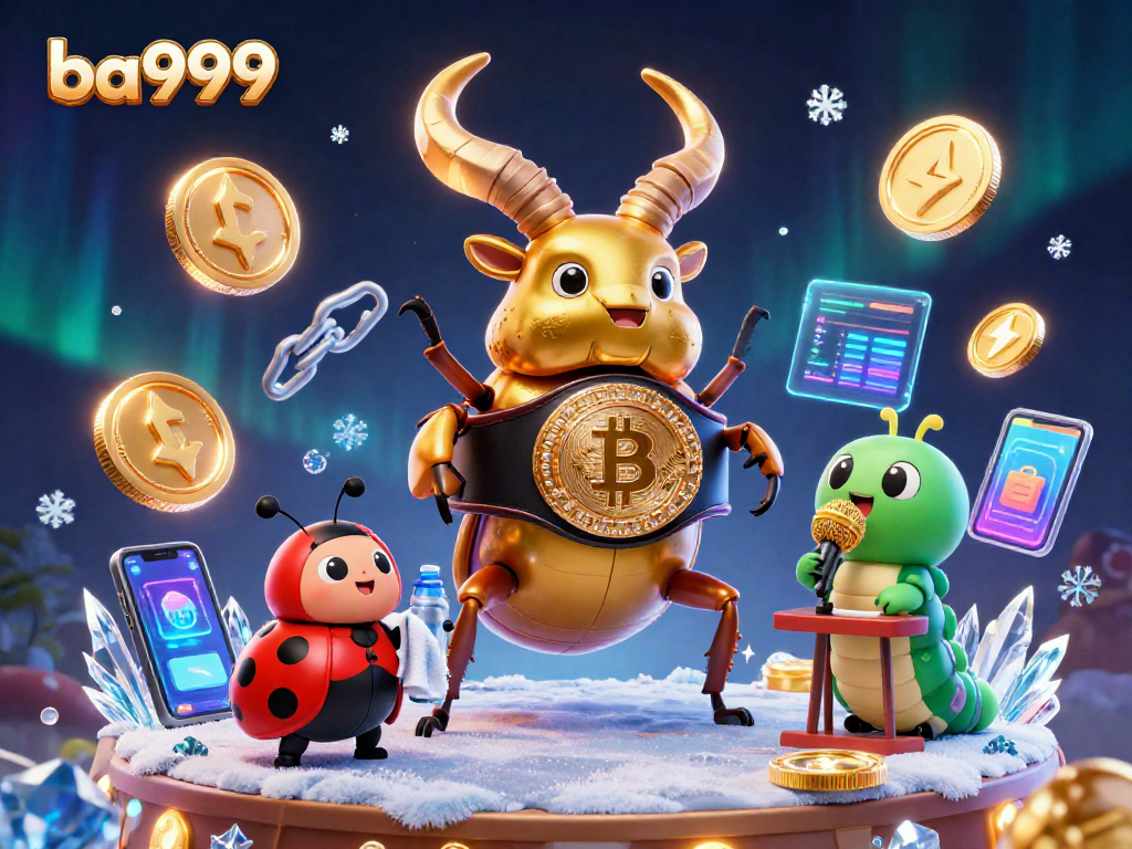 Experience the excitement at ba999, featuring a golden stag beetle in a boxing ring surrounded by cryptocurrency elements.
