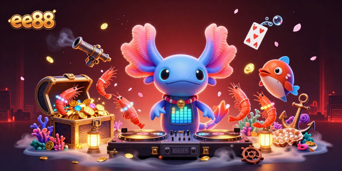 Experience the vibrant ee88 casino world with axolotl DJ and shrimp dancers in an underwater party scene.