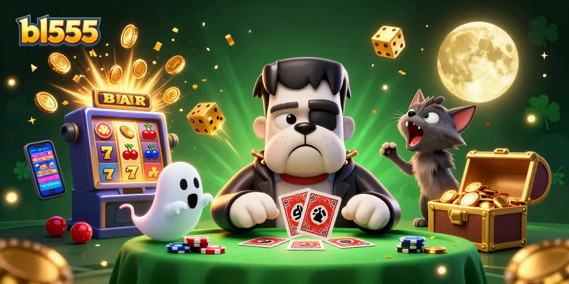 Engage in thrilling action at bl555 with a spooky casino scene featuring characters and jackpot wins.