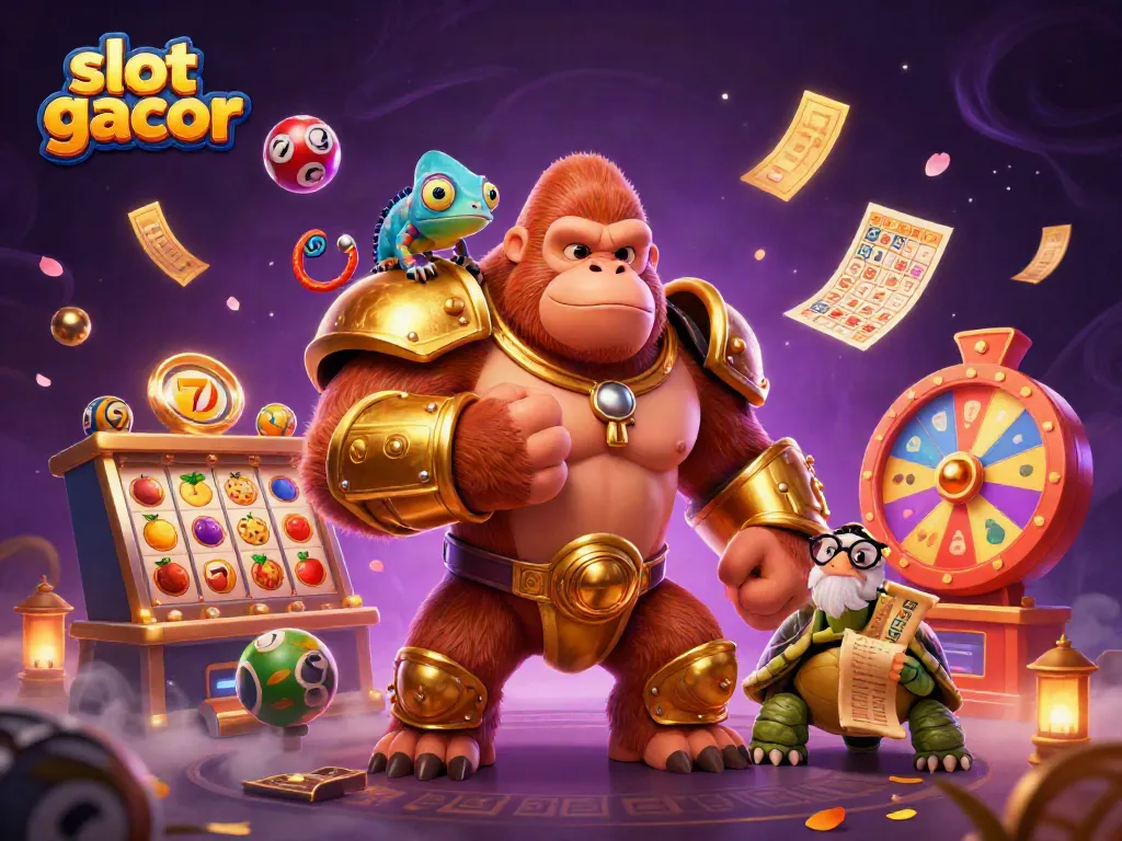 Slot gacor dengan gorila raja bercanda di kasino penuh warna menjelang jackpot.