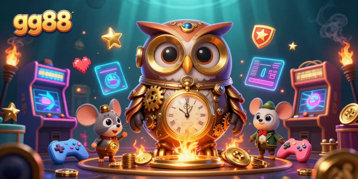 Engage with gg88's dynamic gaming realm, featuring an owl and mouse in a lively casino scene.