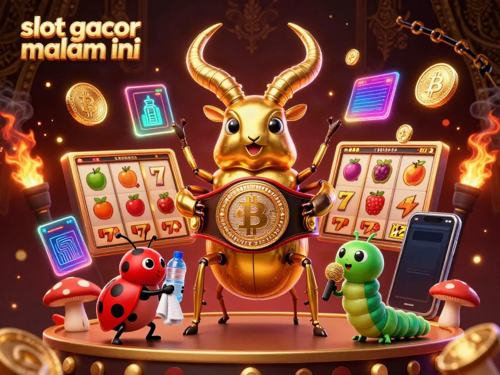Gambar slot gacor malam ini dengan desain menyenangkan, menampilkan karakter unik dalam suasana kasino yang meriah.