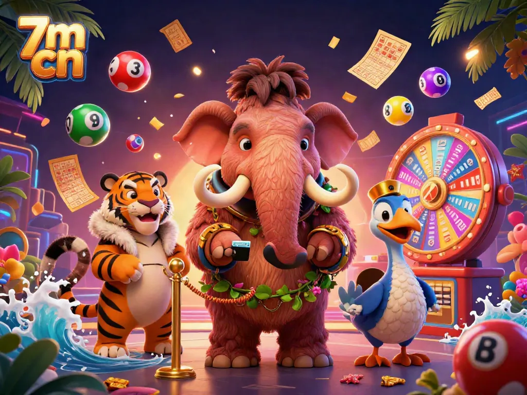 Experience 7m cn with a vibrant casino scene featuring a woolly mammoth bouncer and dynamic gaming elements.