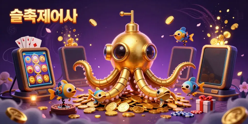 Experience the vibrant world of 슬롯사이트 with our illustrated golden kraken surfacing through coins and dynamic game elements.