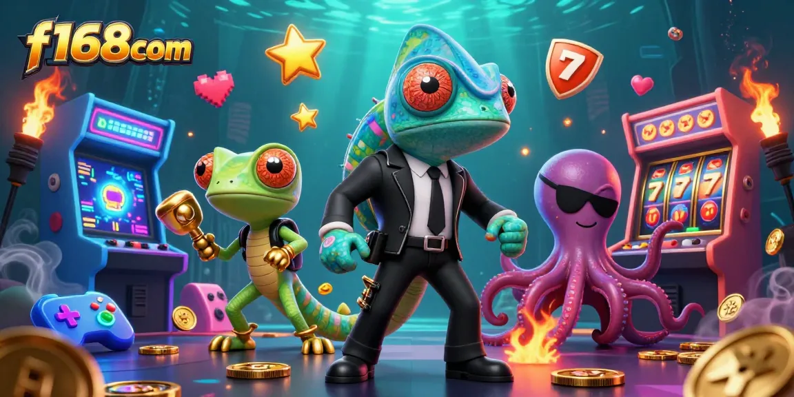 Engage with f168com as the chameleon changes colors in a vibrant, detailed casino scene.