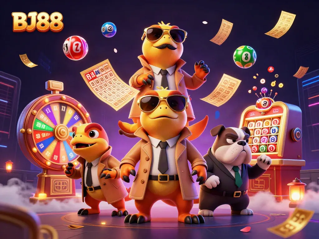Experience thrilling gaming with BJ88 at a vibrant casino scene filled with excitement and rich details.