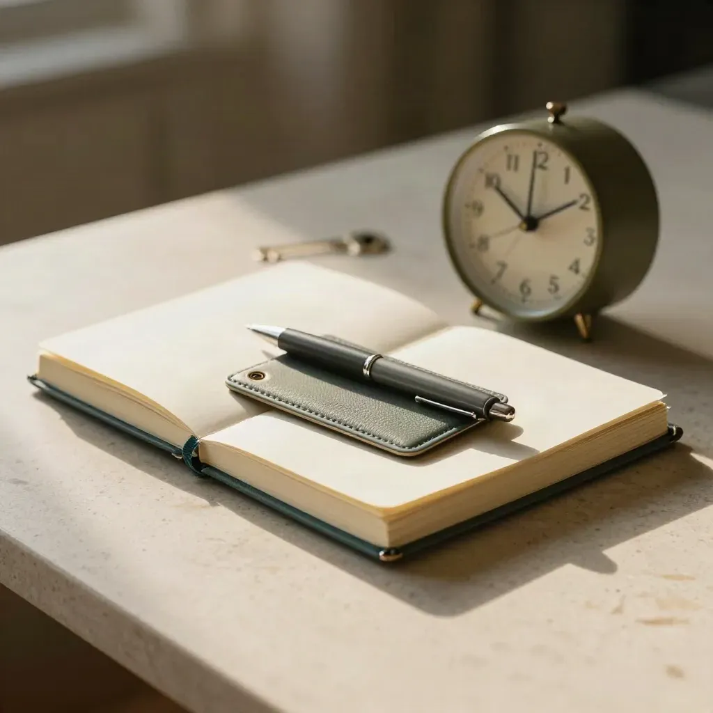 Half-open session notebook, keycard sleeve, clock and pen on pale stone in dramatic light.