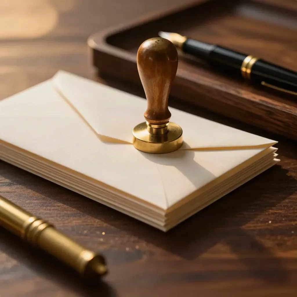 Brass embossing stamp over cream envelopes, ledger tray and fountain pen on dark walnut.