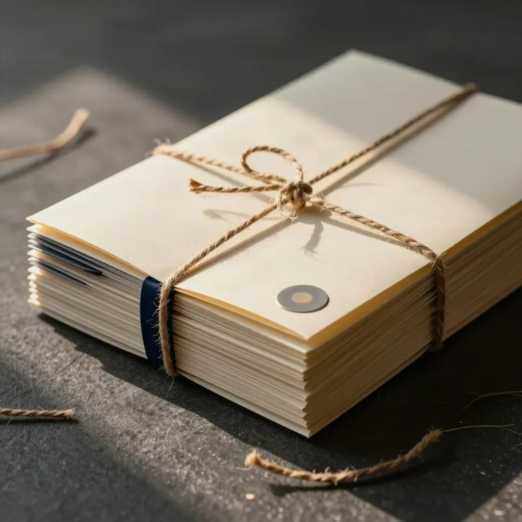 Onboarding pack folders tied with twine on charcoal stone in soft side light.