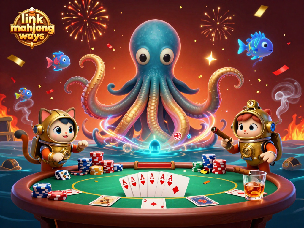 Engage in the thrill of gaming with link mahjong ways featuring a kraken, diving cat, and poker elements.