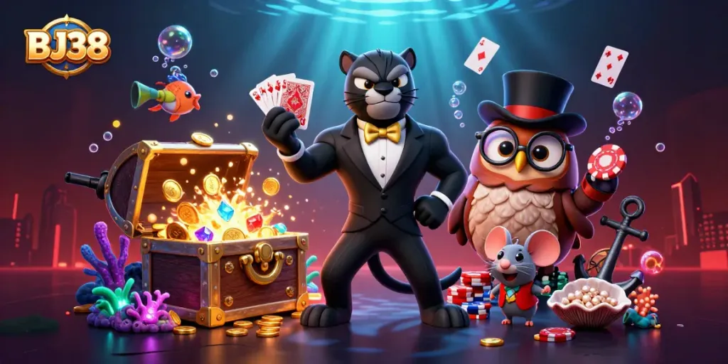 Engage in thrilling gameplay at BJ38 with a stylish black panther dealing cards amidst an underwater treasure scene.