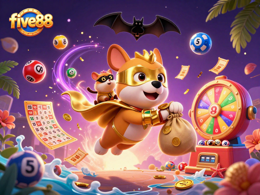 five88 excitement with a superhero dog flying through a vibrant casino-themed scene filled with colorful game elements