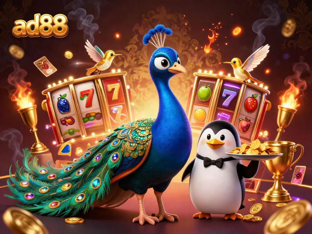 Experience vibrant gameplay at ad88 with an ultra-detailed casino scene featuring a peacock, penguin, and hummingbird.