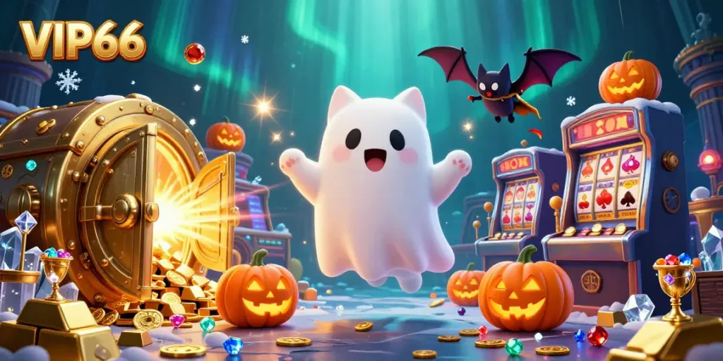 Experience thrilling moments at VIP66 Casino with a ghost cat and vampire bat in a haunted mansion.