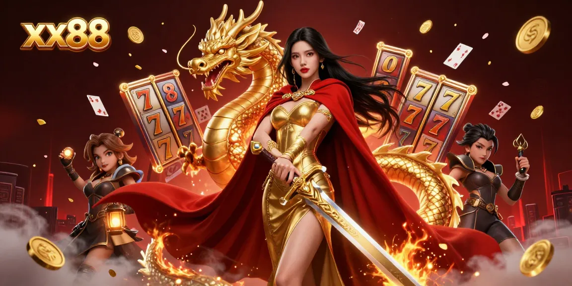 Spin and win at xx88 with dynamic slot reels and a powerful warrior queen illustration.