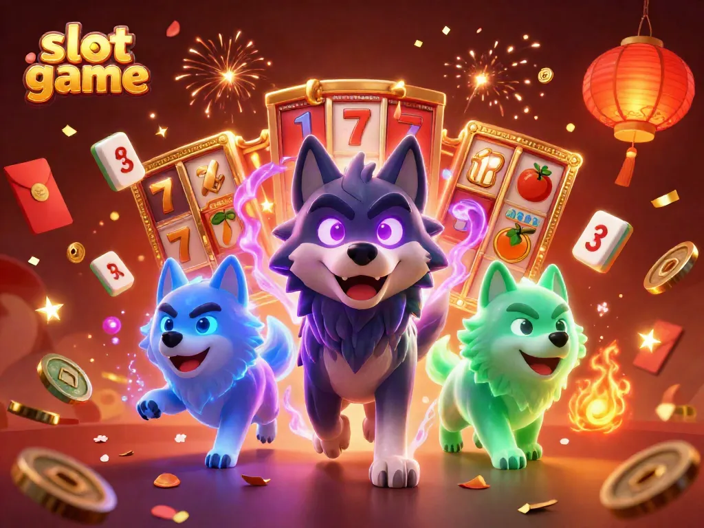 Engage with exciting slot game elements featuring a dynamic scene with ghostly wolves and festive casino symbols.