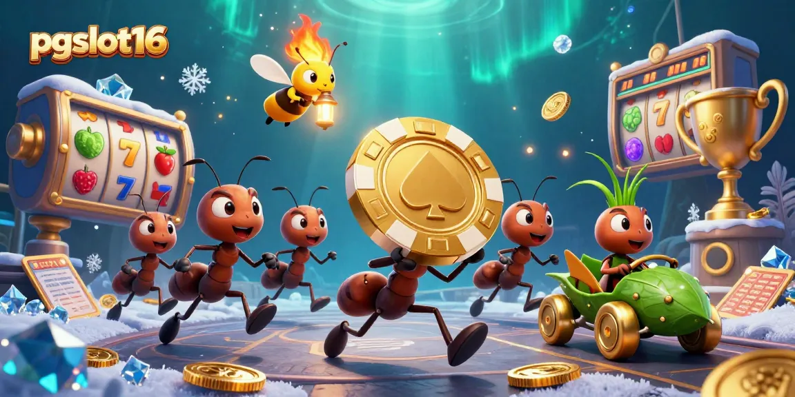 Engage with pgslot16: ants heisting a giant poker chip amidst flashing slot symbols.