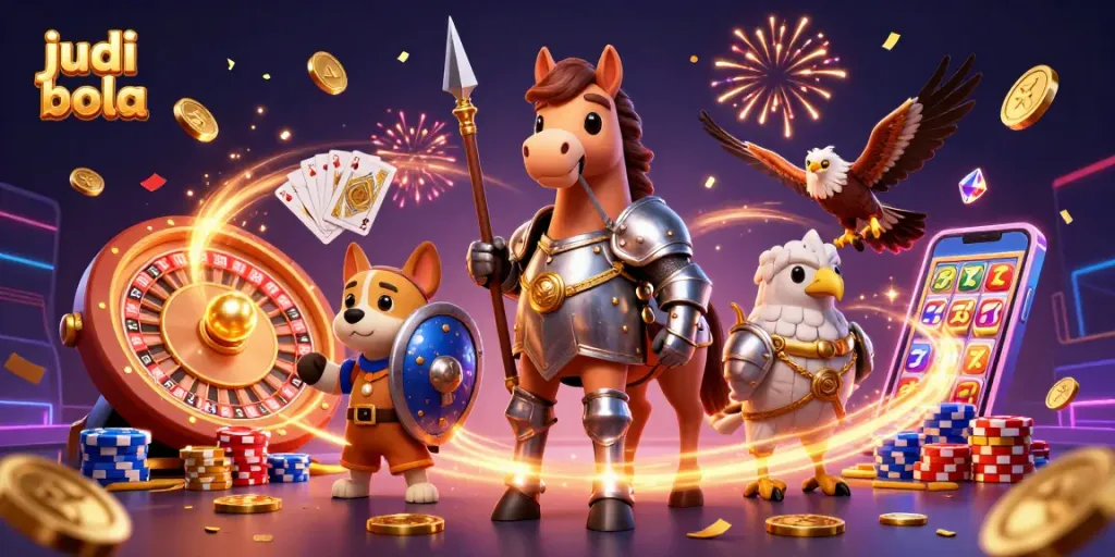 Bet on judi bola with exciting characters, vibrant coins, and thrilling casino elements.