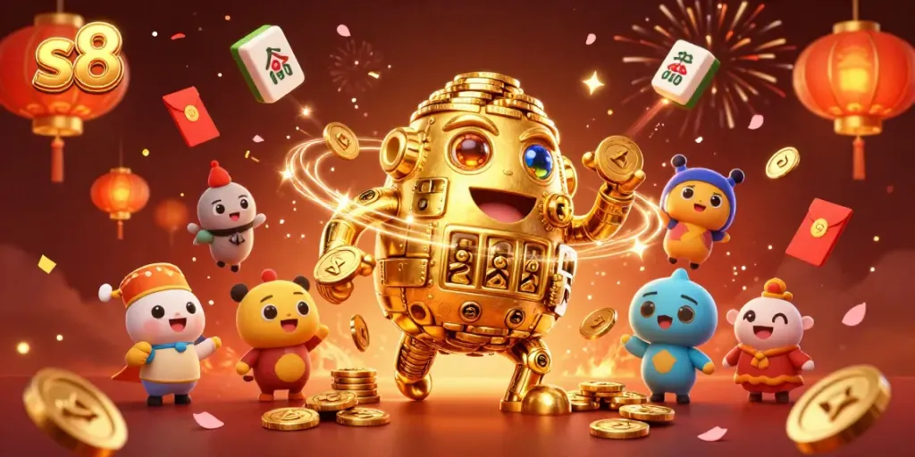 Experience thrilling gameplay with the s8 ancient golden golem symbolizing prosperity in a vibrant casino scene.