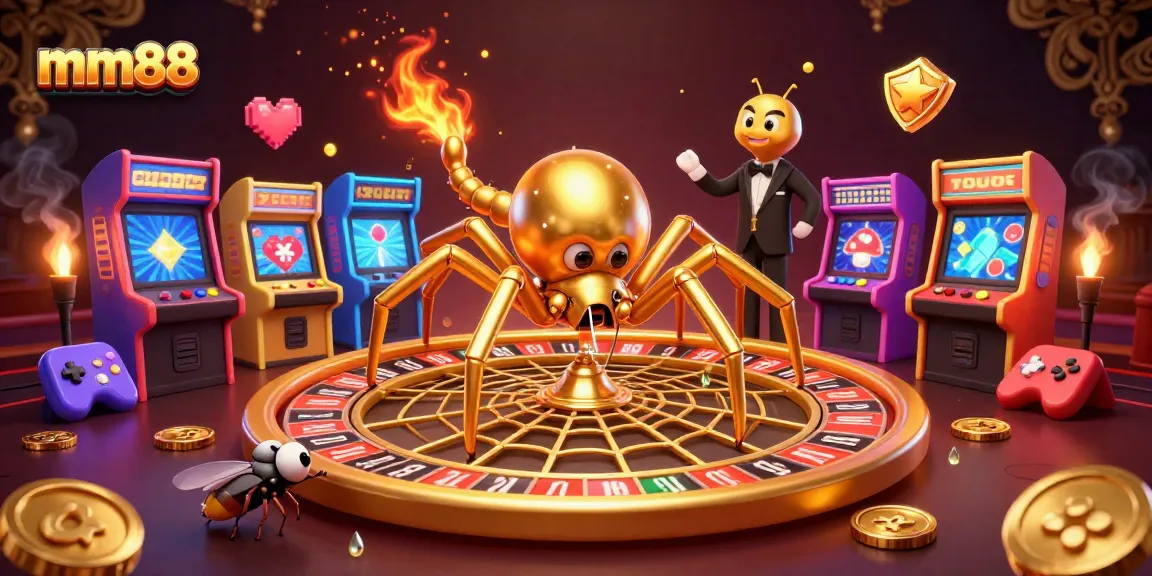 Experience thrilling bets at mm88's roulette wheel, featuring a golden spider and colorful arcade elements.