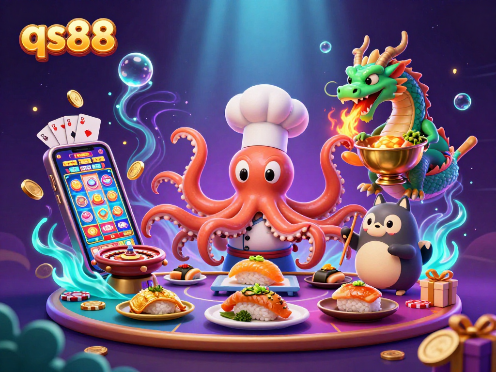 Experience high-stakes fun with qs88's vibrant casino scene featuring characters and dynamic gaming elements.