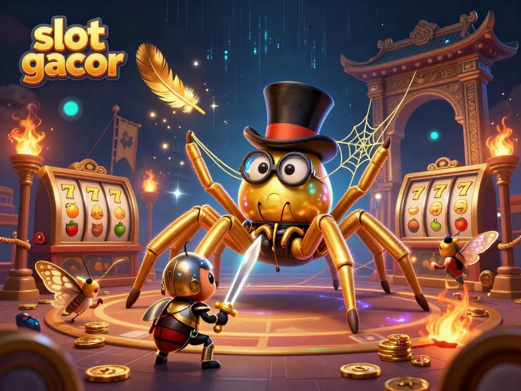 Experience slot gacor excitement with a dynamic 3D illustration of a golden tarantula and beetle knight.