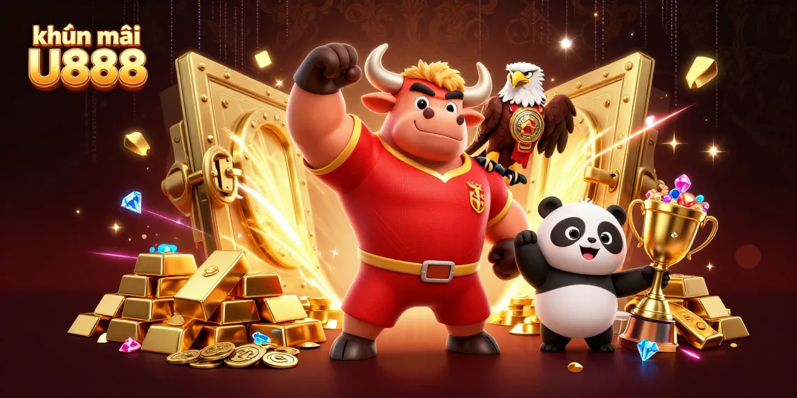 Experience khuyến mãi U888 with vibrant characters and gold treasures in a dynamic casino scene.