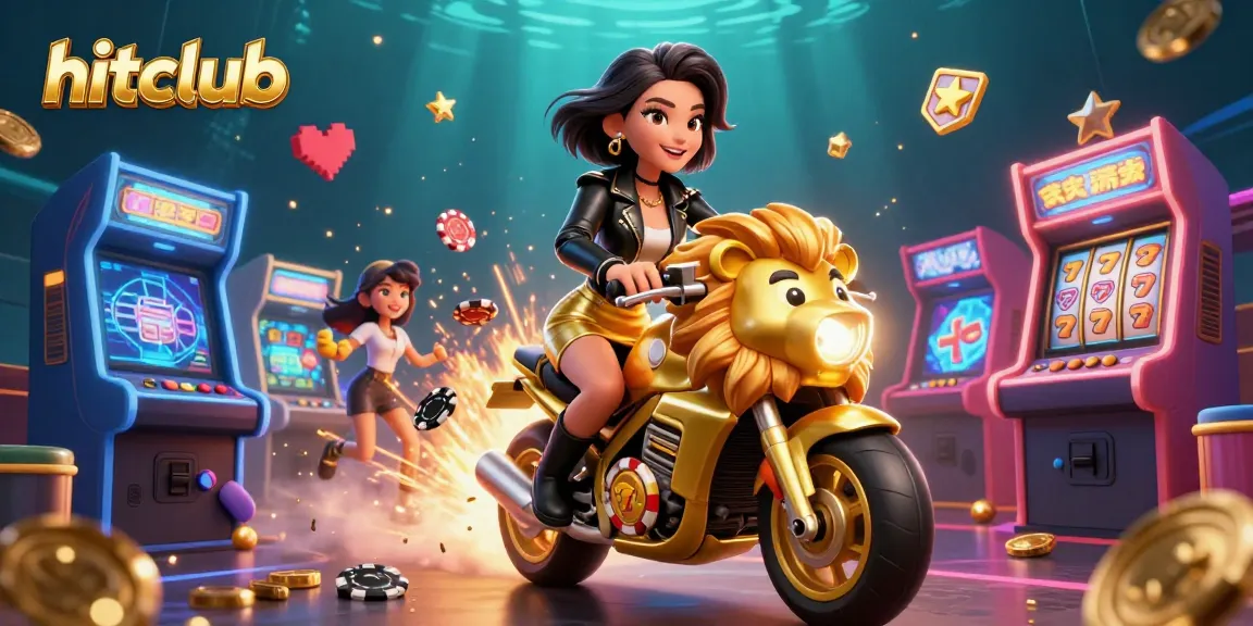 Experience thrilling gameplay with hitclub while riding a golden lion mascot surrounded by vibrant casino elements.