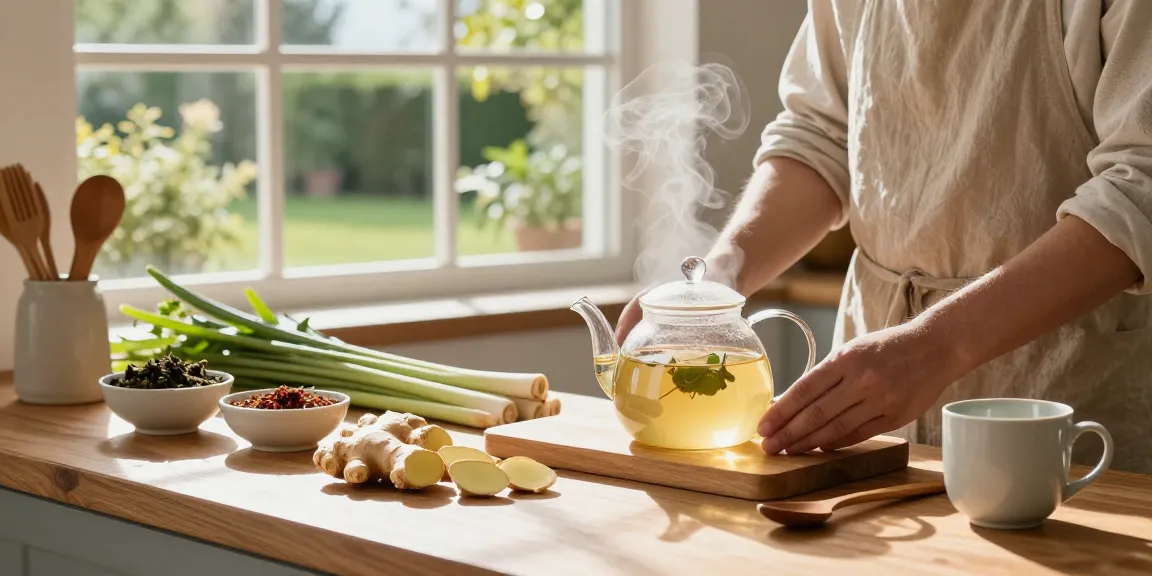 Healthy ginger tea preparation inspired by เว็บสล็อต nutrition insights, showcasing natural ingredients in a cozy kitchen.