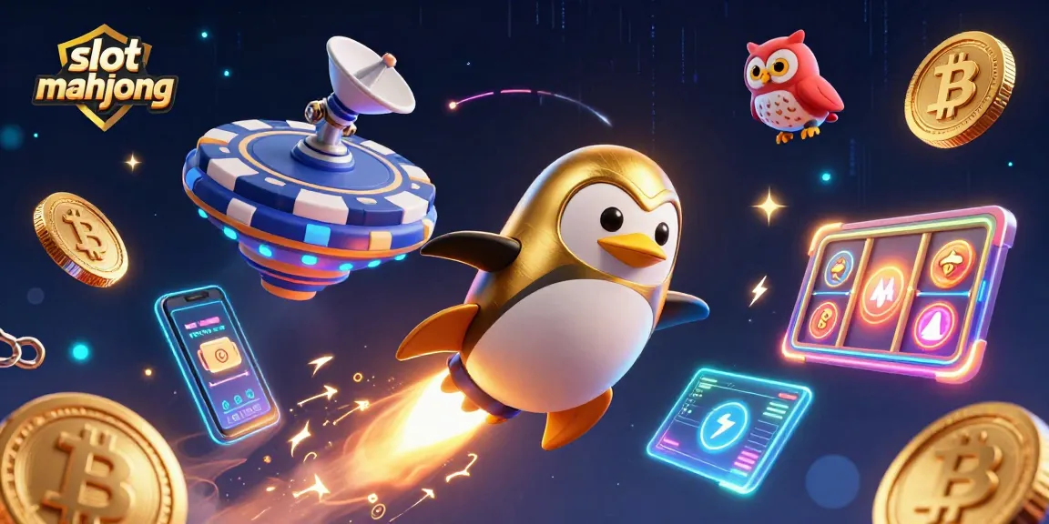 Experience the thrill of slot mahjong with a dynamic scene featuring colorful characters and casino elements.