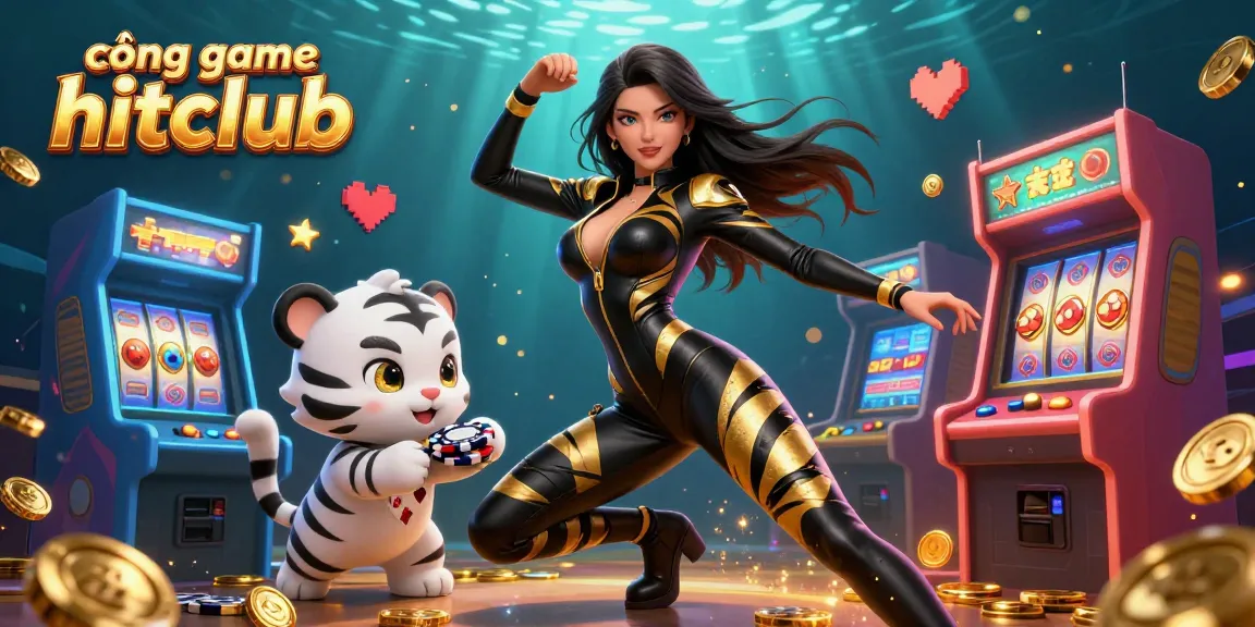 Engage with cổng game hitclub in this vibrant 3D illustration featuring casino games and dynamic characters.