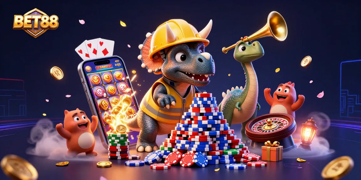 Engage in thrilling gaming experiences at BET88 with a vibrant casino scene featuring dynamic characters and rich visuals.