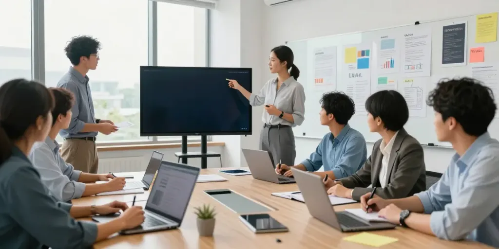 Tim profesional sedang merancang strategi pemasaran istanawin di ruang konferensi modern.