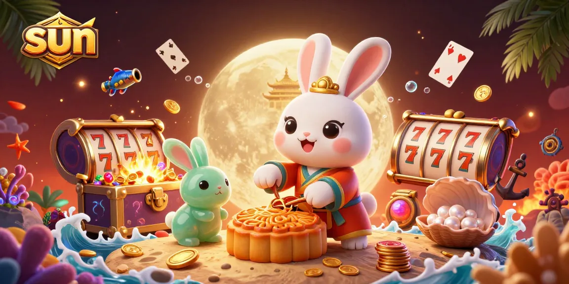 Engage with the sun-themed casino action featuring moon rabbits and vibrant gaming elements.