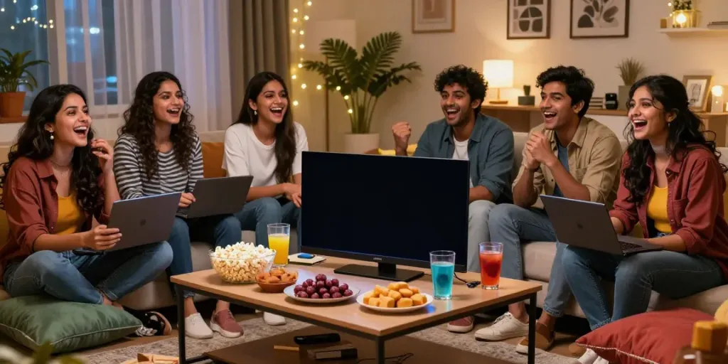 Group enjoying aagmaal Indian web series together in a cozy living room.
