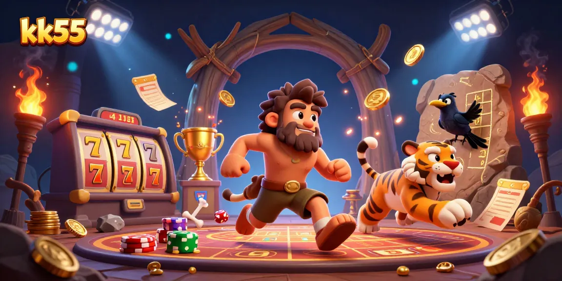 Experience thrilling gameplay with kk55 as cavemen and a tiger run a prehistoric casino.