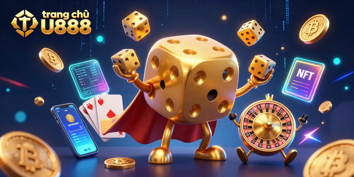 Play exciting games at trang chủ U888 with a vibrant 3D casino illustration featuring crypto elements