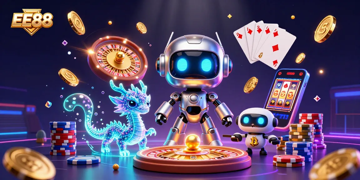 EE88 showcases an exciting and vibrant gambling scene with a cyberpunk robot mascot and AI dragon.