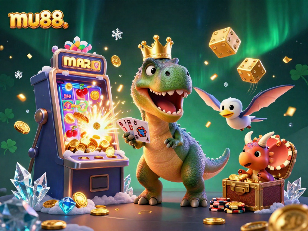 mu88. Engage in thrilling casino adventures with friendly dinosaurs shuffling cards and stacking golden chips.