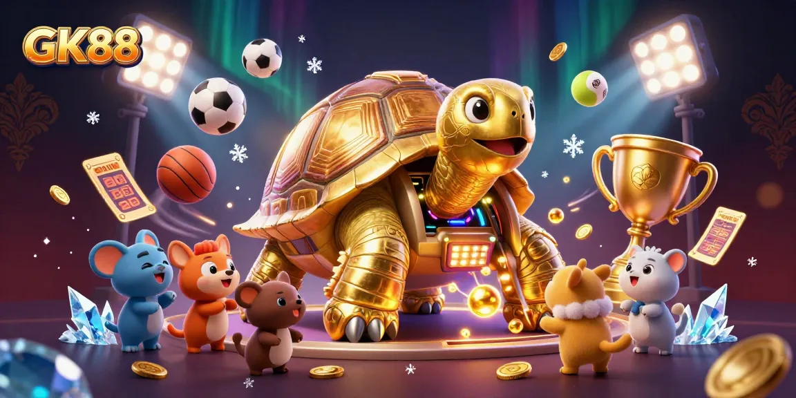 Experience GK88 with this vibrant casino scene of a golden tortoise pinball machine.