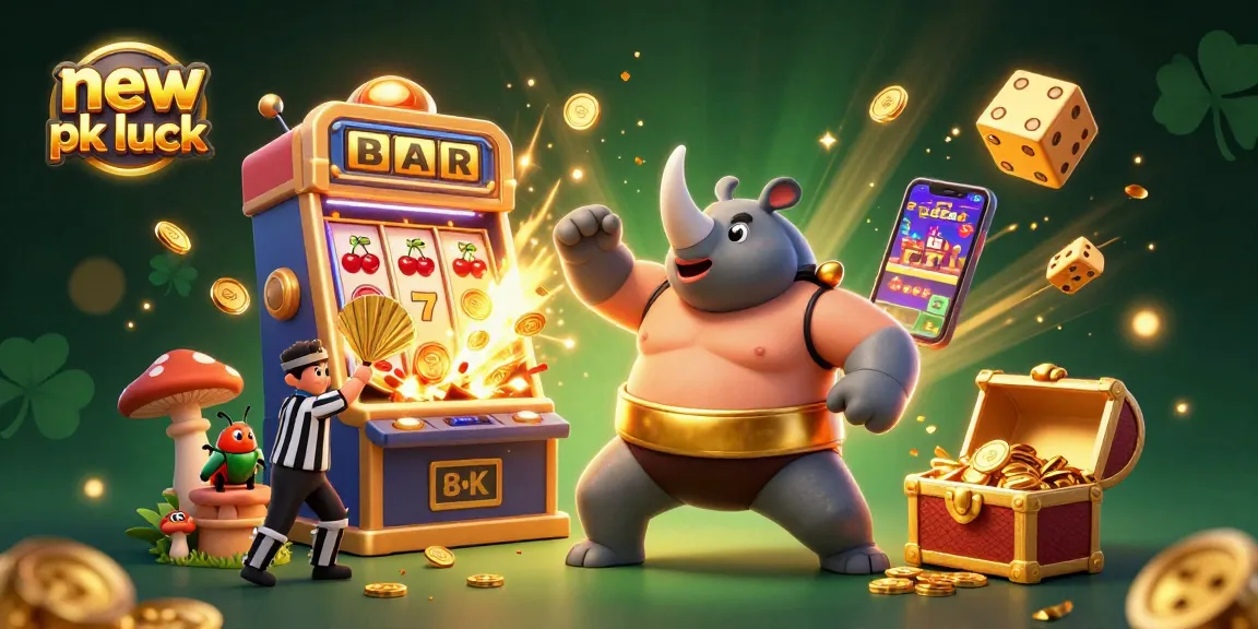 Engage with new pk luck in a dynamic casino scene featuring a rhinoceros beetle champion, coins, jackpot effects, and immersive gameplay.
