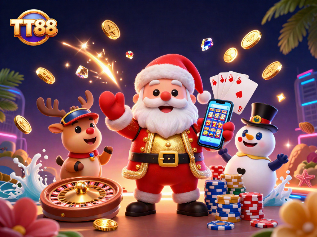 TT88 themed 3D illustration showcasing Santa and friends amidst casino excitement and jackpots.