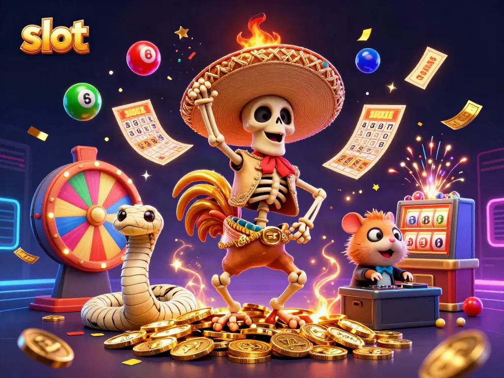 Experience slot excitement with a 3D mariachi rooster celebrating on golden coins!