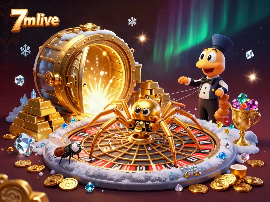Engage with 7m live scores as a golden spider spins a roulette web, surrounded by treasures.