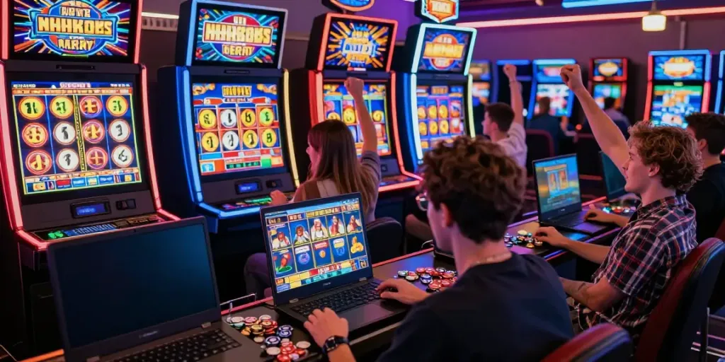 Exciting judi slot online gaming scene with diverse players celebrating wins in a vibrant casino interface.