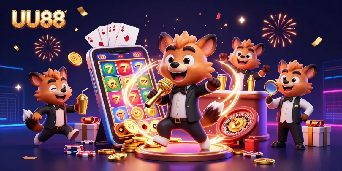 UU88 features hyenas in a lively casino scene, engaging in fun and games as coins erupt from a smartphone.